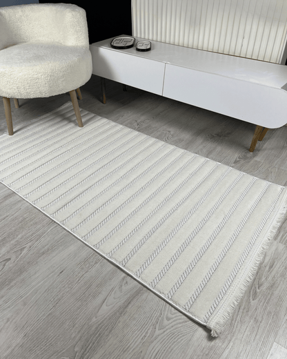 Comfy Halı Softure 08884 Beyaz Bukleli Çizgili Halı